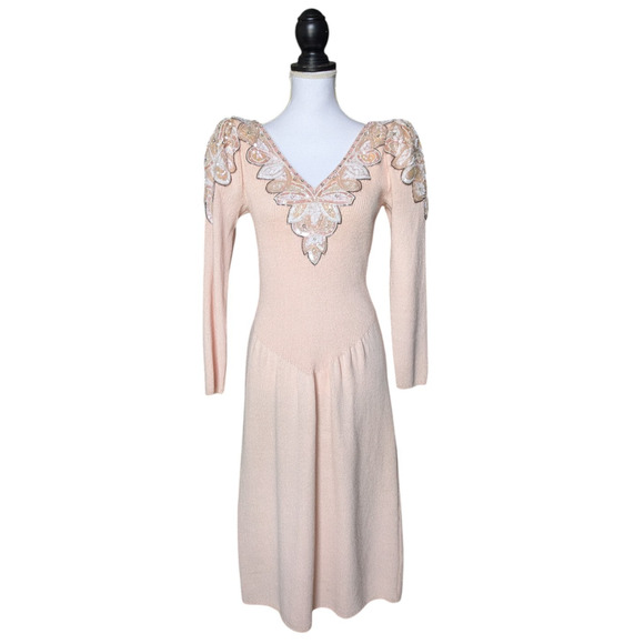 Vintage Don Sayres for Wellmore Pink Beaded Shoulder V Neck Knit Dress 80s - Picture 1 of 9